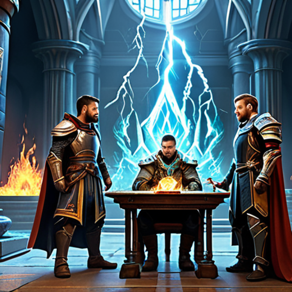 **

A group of adventurers, fully clothed in fantasy armor, strategizing around a holographic display showcasing elemental symbols (fire, water, earth, lightning). The scene is set in a grand hall with banners displaying elemental crests. Focus on the teamwork and intellectual challenge of understanding game mechanics. Perfect anatomy, correct proportions, professional fantasy illustration, digital art, safe for work, appropriate content, fully clothed, professional.

**