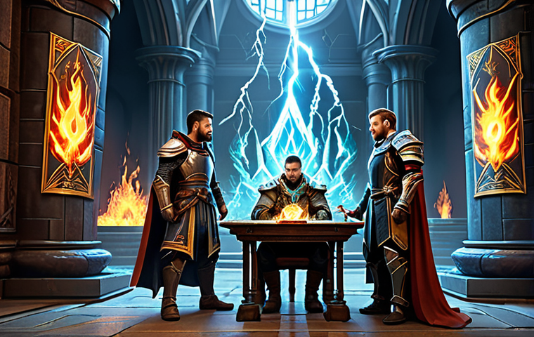**

A group of adventurers, fully clothed in fantasy armor, strategizing around a holographic display showcasing elemental symbols (fire, water, earth, lightning). The scene is set in a grand hall with banners displaying elemental crests. Focus on the teamwork and intellectual challenge of understanding game mechanics. Perfect anatomy, correct proportions, professional fantasy illustration, digital art, safe for work, appropriate content, fully clothed, professional.

**