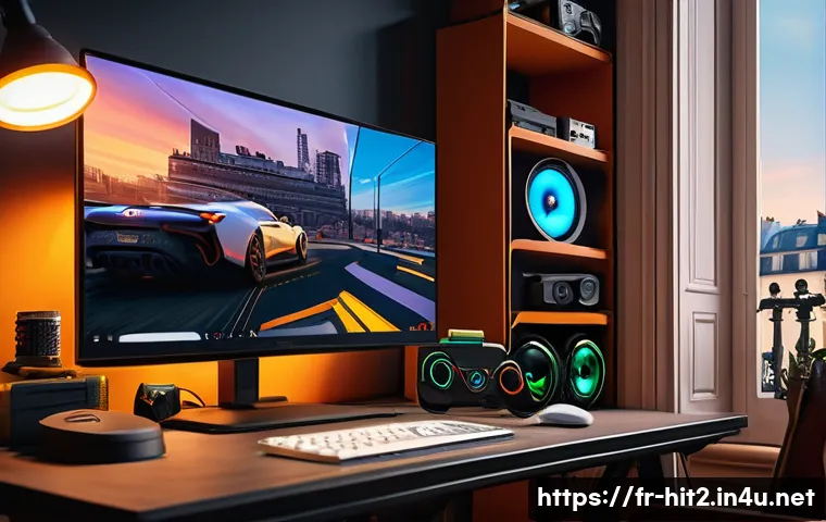 히트2 필수 유틸리티 추천 - A detailed digital illustration of a French gamer&rsquo;s desktop setup in a cozy Parisian apartment, feat...