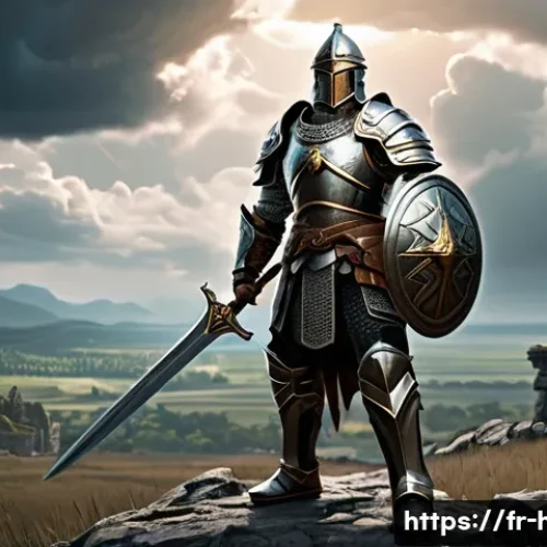 히트2 은화 사용 우선순위 - A detailed fantasy RPG scene showing a skilled warrior in ornate, reinforced armor and wielding a gl...