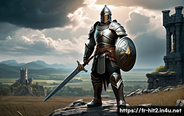 히트2 은화 사용 우선순위 - A detailed fantasy RPG scene showing a skilled warrior in ornate, reinforced armor and wielding a gl...