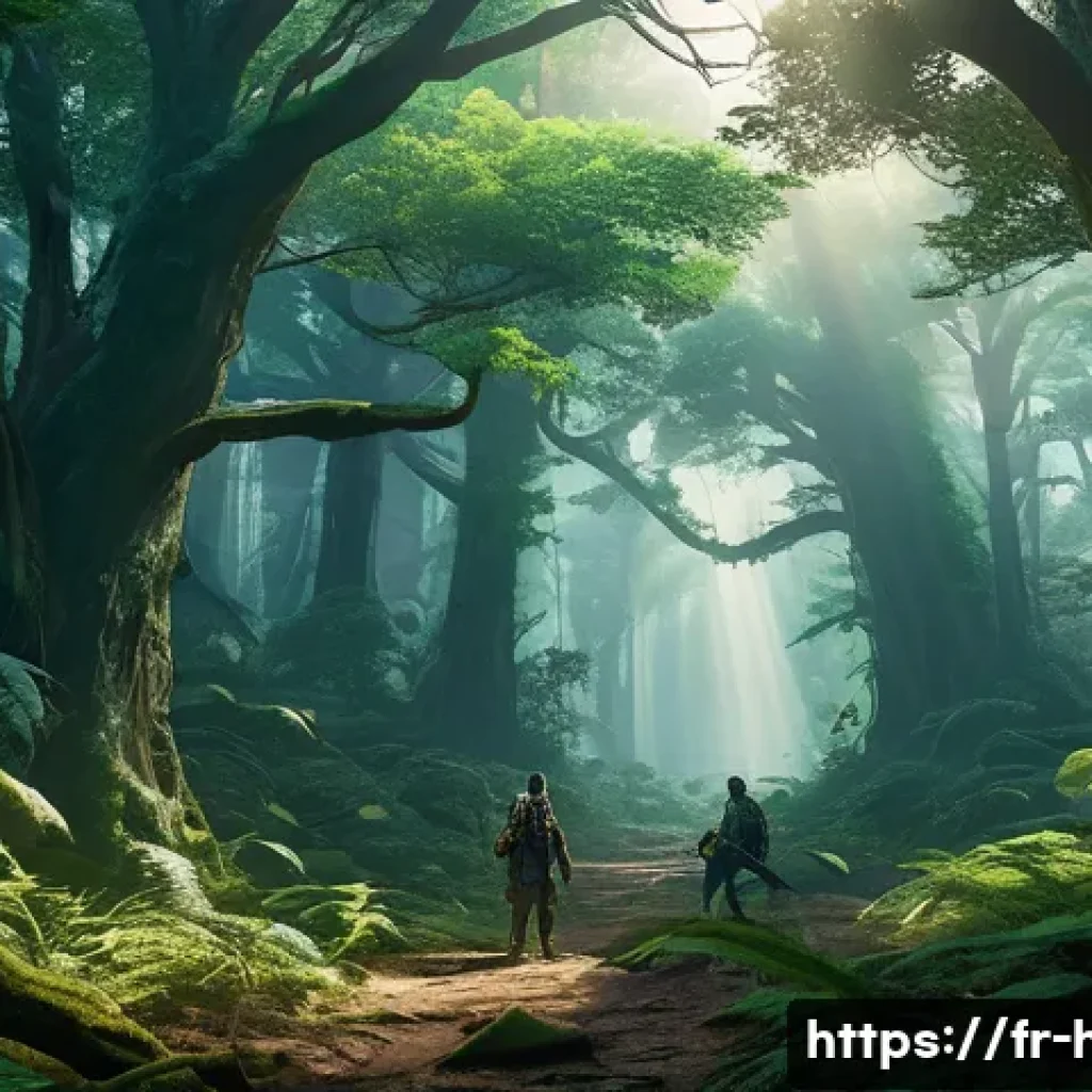 히트2 사냥터 난이도 - A dense emerald forest scene at dawn, filled with towering ancient trees and thick underbrush, featu...