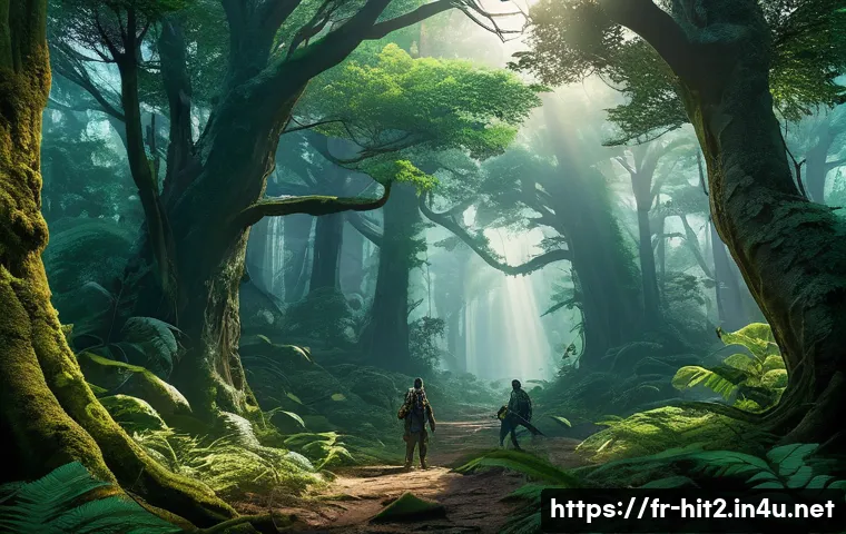 히트2 사냥터 난이도 - A dense emerald forest scene at dawn, filled with towering ancient trees and thick underbrush, featu...