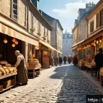 히트2 NPC 위치 지도 - A bustling central marketplace in a vibrant French city during the day, featuring narrow lively alle...