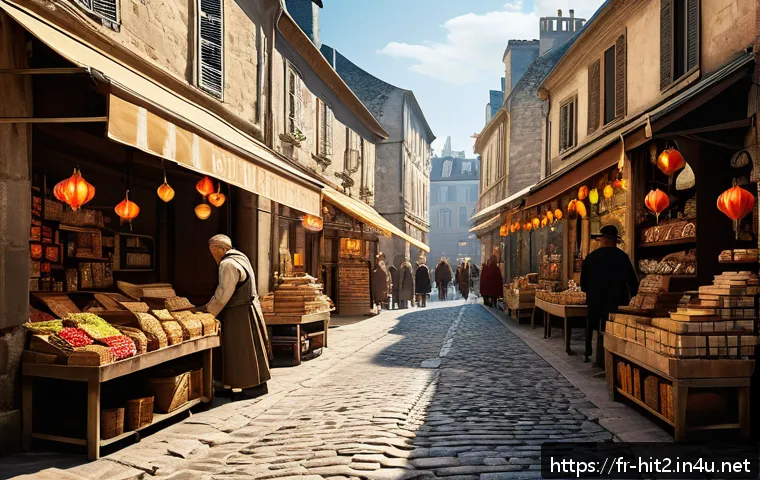 히트2 NPC 위치 지도 - A bustling central marketplace in a vibrant French city during the day, featuring narrow lively alle...