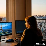 히트2 초보 유저 FAQ - Photorealistic cinematic scene of a beginner fantasy MMORPG player in a cozy Paris apartment, seated...
