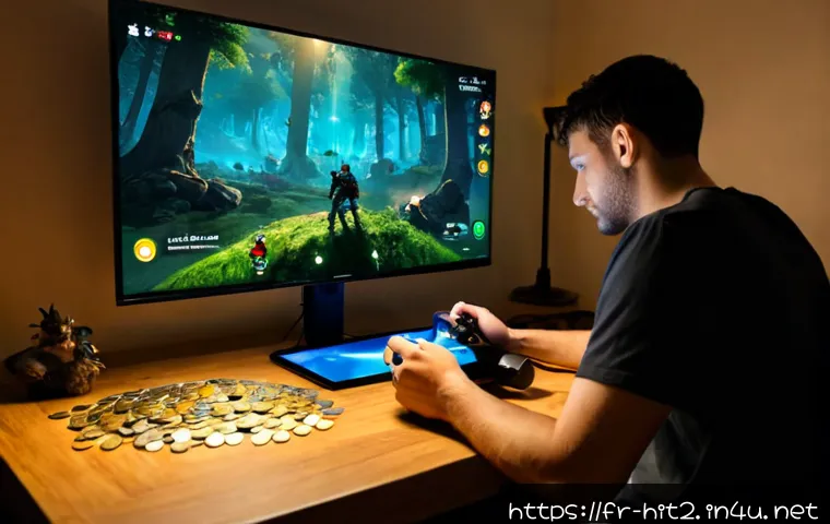히트2 자동 사냥 효율 - Photorealistic French gamer at a clean apartment desk in Lyon, monitoring a fantasy mobile RPG with ...