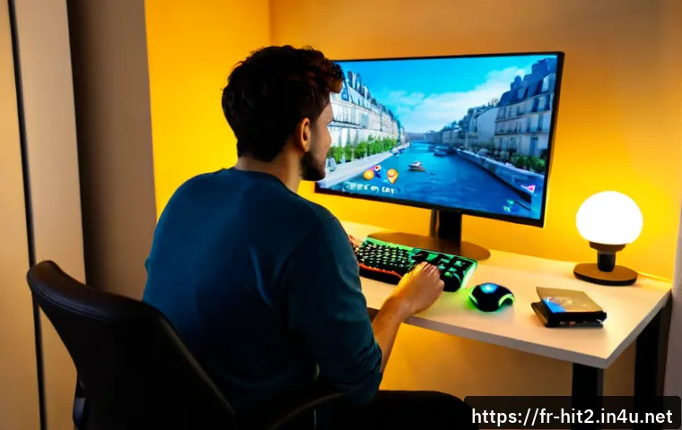Home 17 히트2 시즌 보상 체계 - Photorealistic French gamer at a clean Paris apartment desk, comparing a seasonal video game reward ...