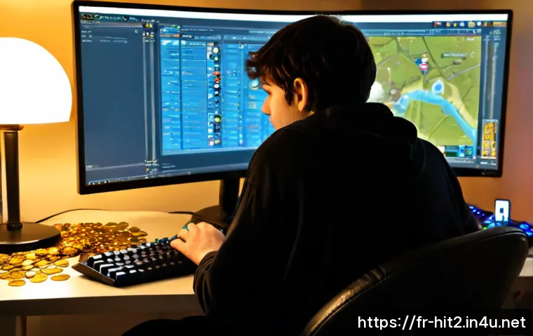 히트2 골드 파밍 방법 - Photorealistic French gamer at a clean desktop setup in a Paris apartment, strategically managing fa...